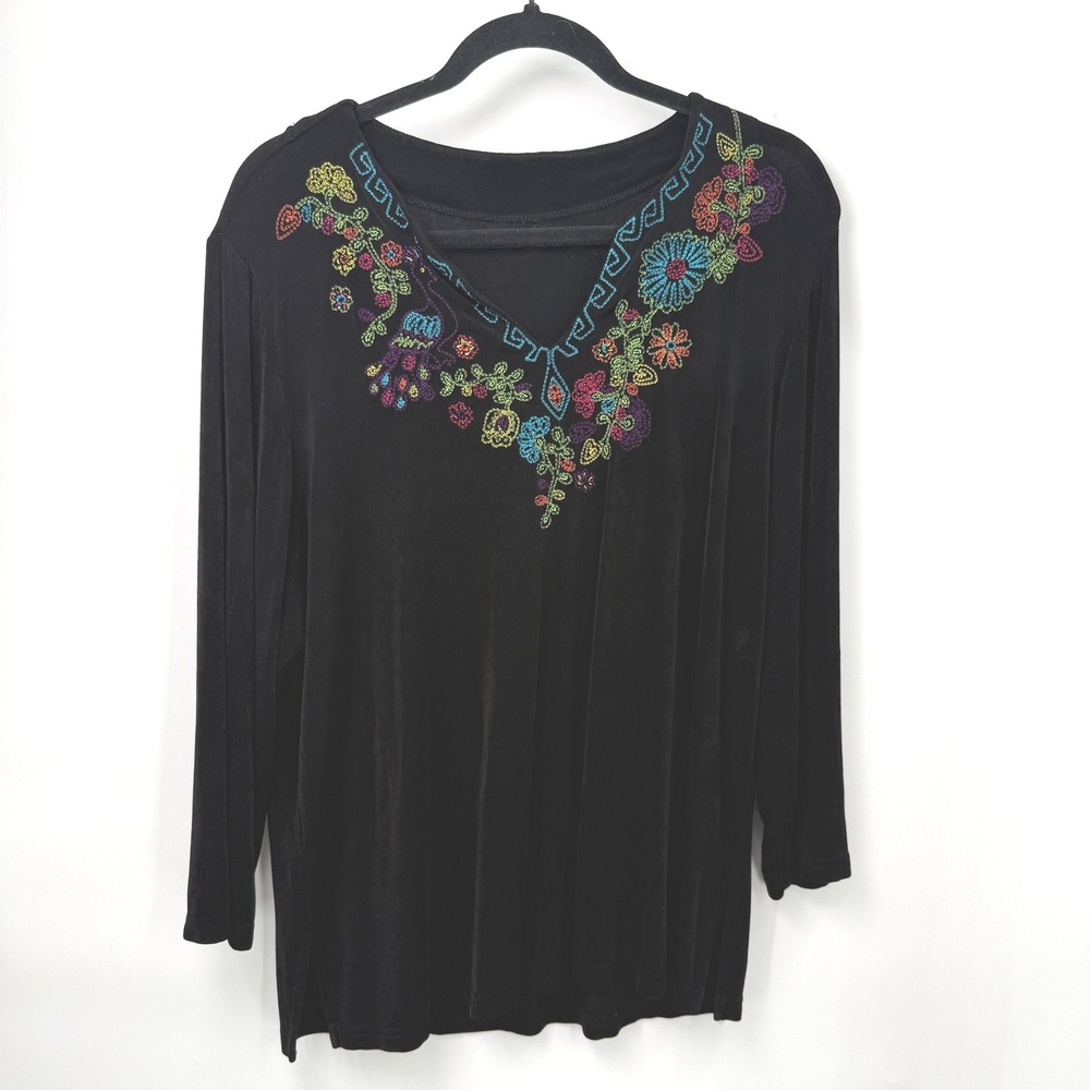Vintage Embroidered Floral V Neck‎ Top Women XL Black Stretch Boho Chic Folk Art